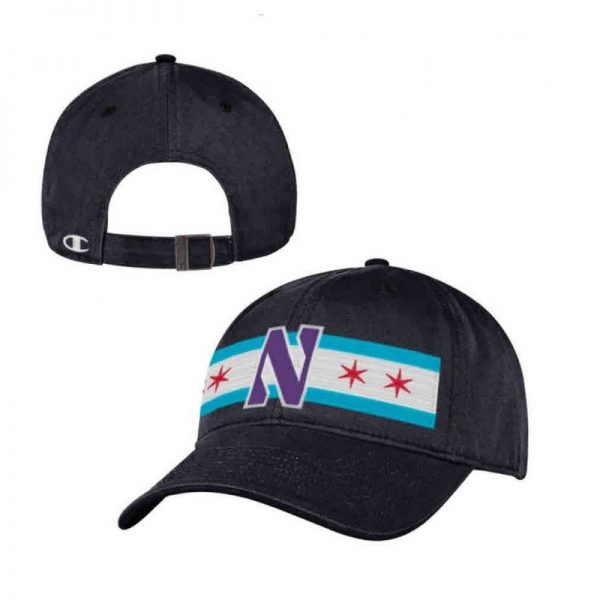 Northwestern University Wildcats Champion Unconstructed Adjustable Black Hat with Chicago Flag & Stylized N Design