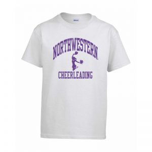Northwestern University Wildcats White Short Sleeve Tee Shirt with Cheerleading Design