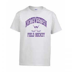 Northwestern University Wildcats White Short Sleeve Tee Shirt with Field Hockey Design