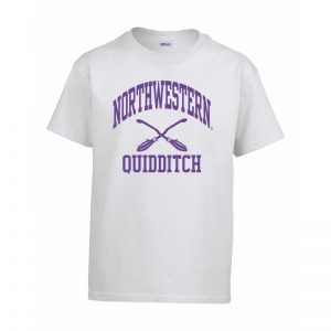 Northwestern Wildcats Men's White Short Sleeve Tee Shirt with Quidditch Design