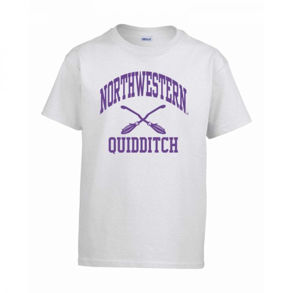 Northwestern Wildcats Men's White Short Sleeve Tee Shirt with Quidditch Design