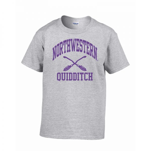 Northwestern Wildcats Men's Grey Short Sleeve Tee Shirt with Quidditch Design