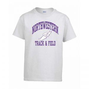 Northwestern Wildcats Men's White Short Sleeve Tee Shirt with Track & Field Design