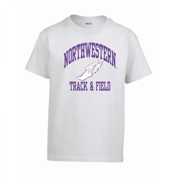 Northwestern Wildcats Men's White Short Sleeve Tee Shirt with Track & Field Design
