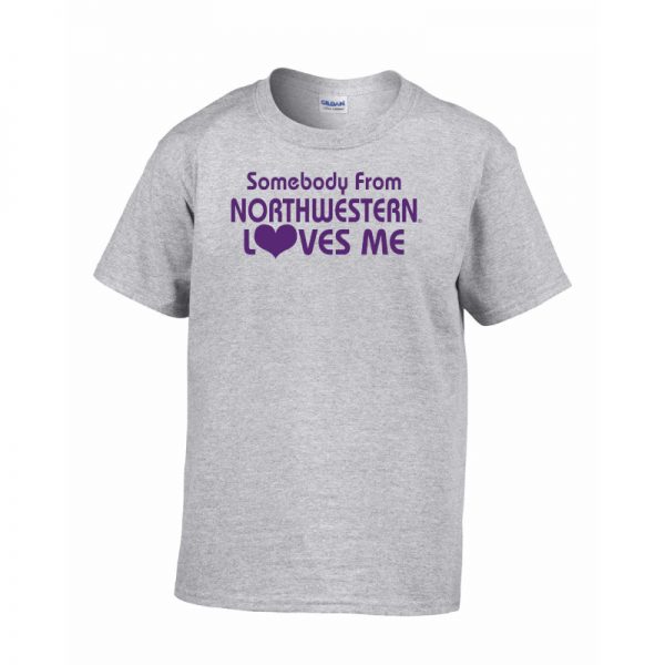 Northwestern Wildcats Youth Grey Short Sleeve Tee Shirt with "Somebody From Northwestern Loves Me" Design