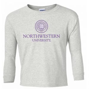 Northwestern Wildcats Youth Light Grey Long Sleeve Tee Shirt with Northwestern University Seal Design