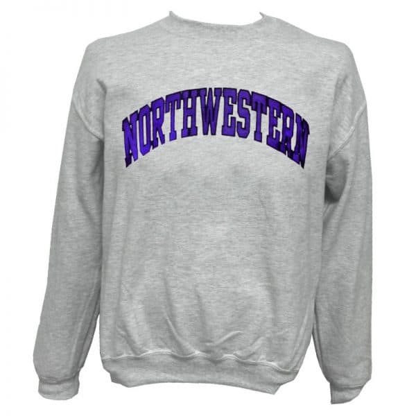 Northwestern Wildcats Light Grey Crewneck Sweatshirt with Full Chest Embroidered Northwestern Design