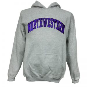 Northwestern Wildcats Light Grey Hooded Sweatshirt with Full Chest Embroidered Northwestern Design 