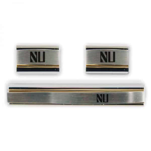 Northwestern Wildcats Laser Engraved Gold/Silver Cufflink & Tie Bar Set with Stylized NU Design