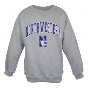 Northwestern University Wildcats Youth Grey Crewneck Sweatshirt With Sewn Arched Northwestern Over N-Cat Design
