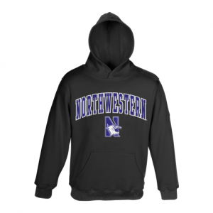 Northwestern University Wildcats Youth Black Hooded Sweatshirt With Sewn Arched Northwestern Over N-Cat Design