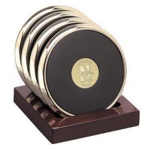 Northwestern Wildcats Mascot Design Gold Medallion Satin Brass Tone Coaster Set of Four