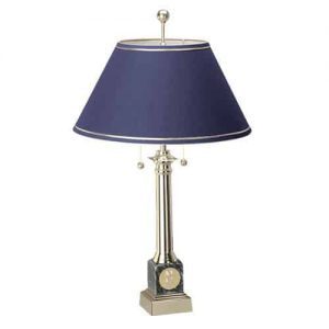 Northwestern Wildcats Mascot Design Gold Medallion Black Marble Alumni Lamp With Navy Linen Shade