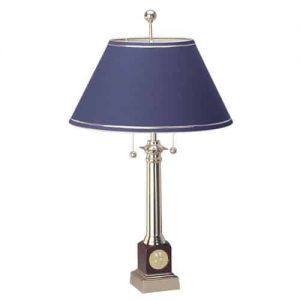 Northwestern Wildcats Mascot Design Gold Medallion Piano Wood Finish Alumni Lamp with Navy Linen Shade