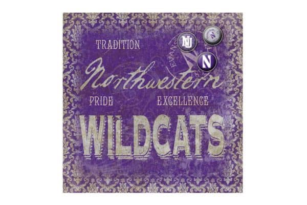Northwestern Wildcats Square Vintage Tin Sign with Vintage  Script Northwestern Wildcat Design