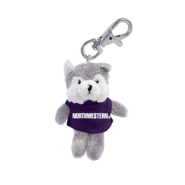Northwestern University Wildcats Plush Keychain of a Wildcat Wearing a Purple Northwestern Tee Shirt