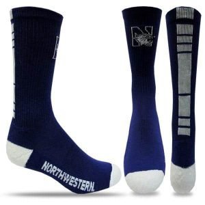 Northwestern University Wildcats Purple/White Half Cushion Crew Socks with Arch Support and N-Cat Design