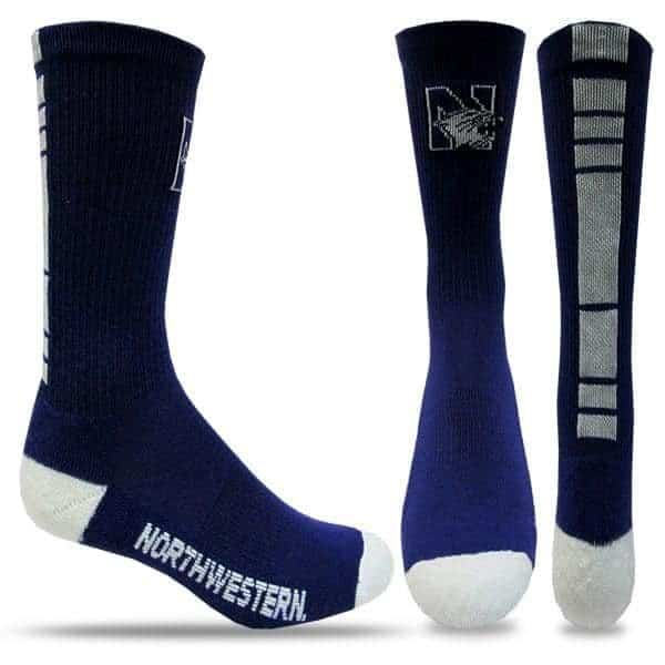 Northwestern University Wildcats Purple/White Half Cushion Crew Socks with Arch Support and N-Cat Design