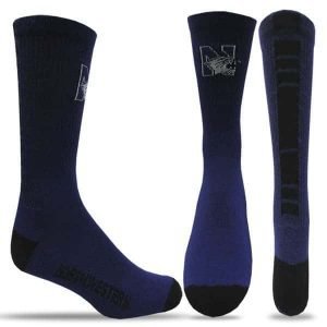 Northwestern University Wildcats Purple/Black Half Cushion Crew Socks with Arch Support and N-Cat Design