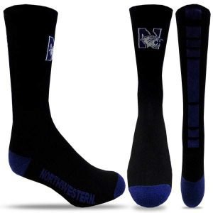 Northwestern University Wildcats Black/Purple Half Cushion Crew Socks with Arch Support and N-Cat Design