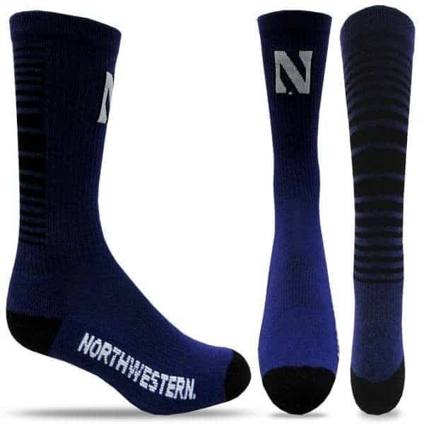Northwestern University Wildcats Purple/Black Half Cushion Crew Socks with Arch Support and Stylized N Design