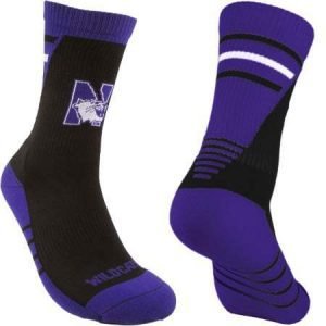 Northwestern University Wildcats Black/Purple Half Cushion Crew Socks with Arch Support and N-Cat Design