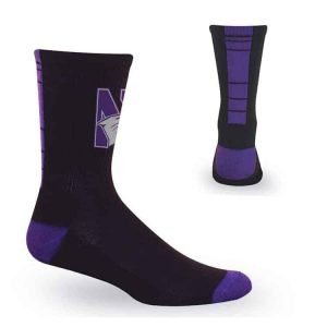 Northwestern University Wildcats Black/Purple Half Cushion Crew Socks with Arch Support and N-Cat Design