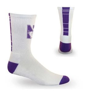 Northwestern University Wildcats White/Purple Half Cushion Crew Socks with Arch Support and N-Cat Design