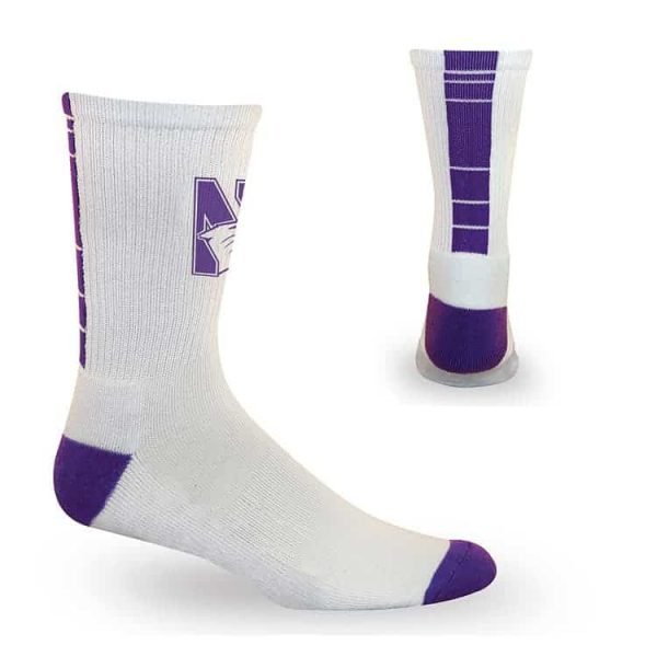Northwestern University Wildcats White/Purple Half Cushion Crew Socks with Arch Support and N-Cat Design