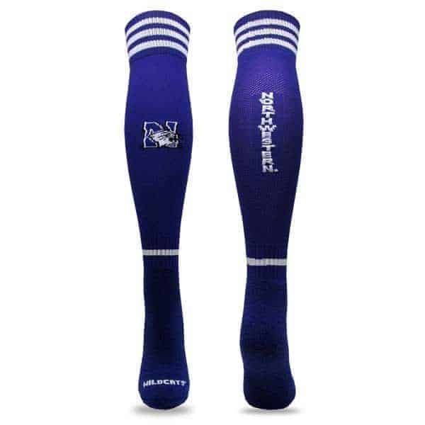 Northwestern University Wildcats Purple Half Cushion with Arch & Ankle Support Mesh Vented Leg Patterned Elastic Over The Calf Soccer Socks