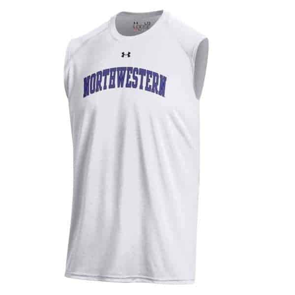 Northwestern University Wildcats Men’s UA Tech™ White Sleeveless T-Shirt with Printed Arched Northwestern Design