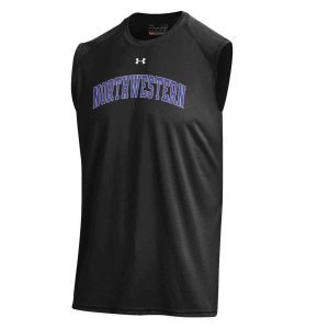 Northwestern University Wildcats Men’s UA Tech™ Black Sleeveless T-Shirt with Printed Arched Northwestern Design