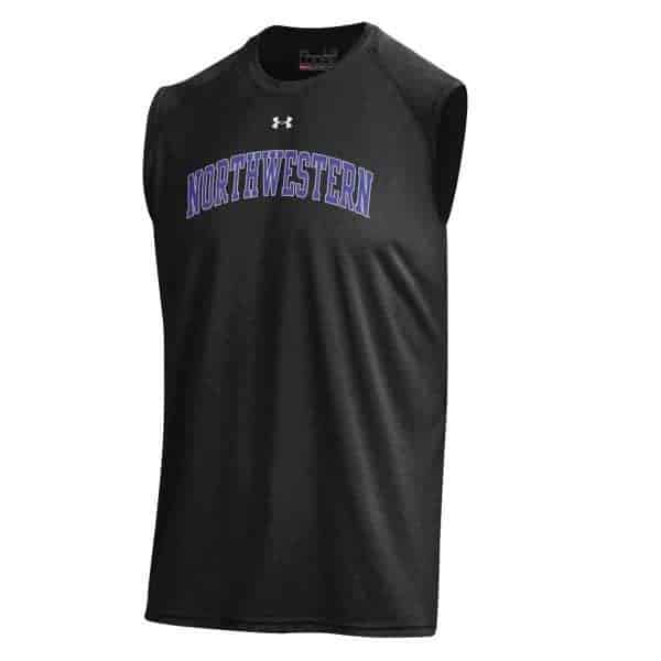 Northwestern University Wildcats Men’s UA Tech™ Black Sleeveless T-Shirt with Printed Arched Northwestern Design