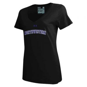 Northwestern University Wildcats Under Armour Ladies Black Charged Cotton V-Neck Tee Shirt with Printed Arched Northwestern Design