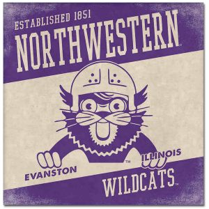 Northwestern University Wildcats Square Vintage Canvas Wall Art with vintage Wildcat Wearing a Helmet 14"X14"