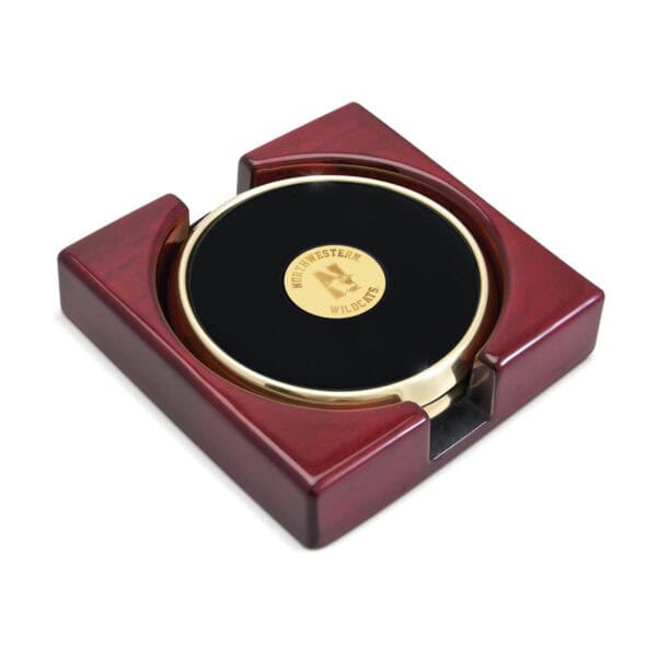 Northwestern University Wildcats Mascot Design Gold Medallion Gold Tone Coaster Set of Two in a Rosewood Finish Stand