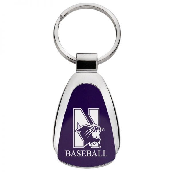 Northwestern University Wildcats Laser Engraved Purple Teardrop Key Chain with Mascot & Baseball Design