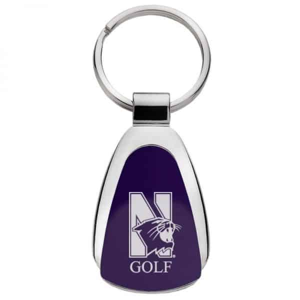 Northwestern University Wildcats Laser Engraved Purple Teardrop Key Chain with Mascot & Golf Design