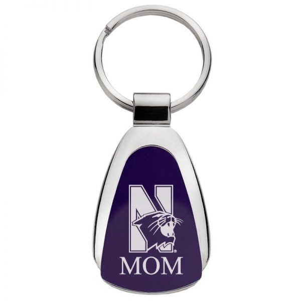 Northwestern University Wildcats Laser Engraved Purple Teardrop Key Chain with Mascot & MOM Design