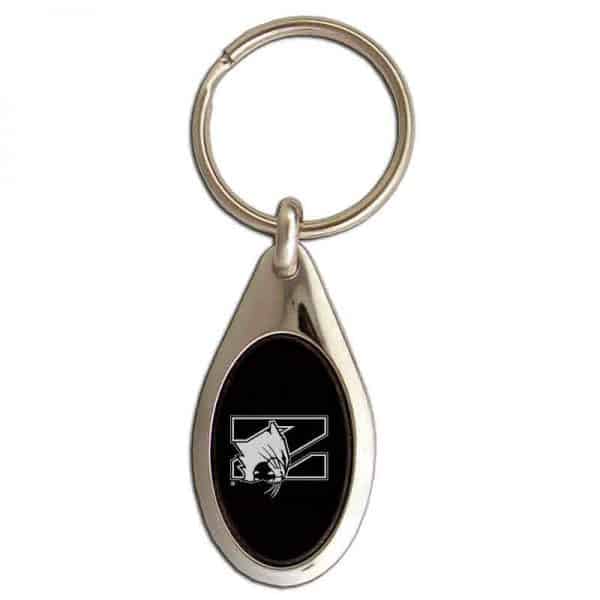Northwestern University Wildcats Laser Engraved Oval Black/Silver Key Chain with Mascot Design