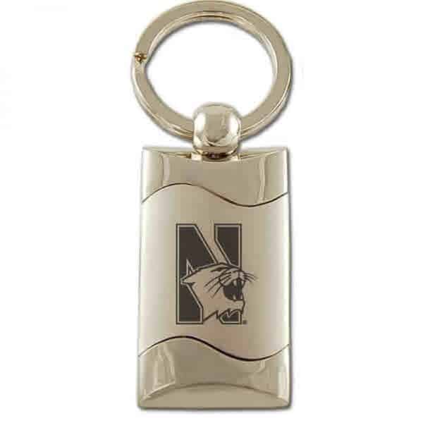 Northwestern University Wildcats Laser Engraved Silver Wave Key Chain with Mascot Design