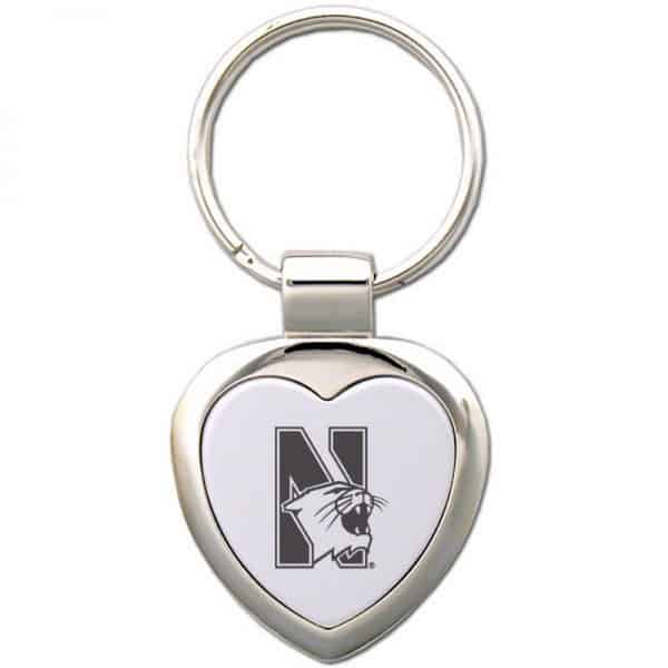 Northwestern University Wildcats Laser Engraved Small Heart Shape Key Chain with Mascot Design