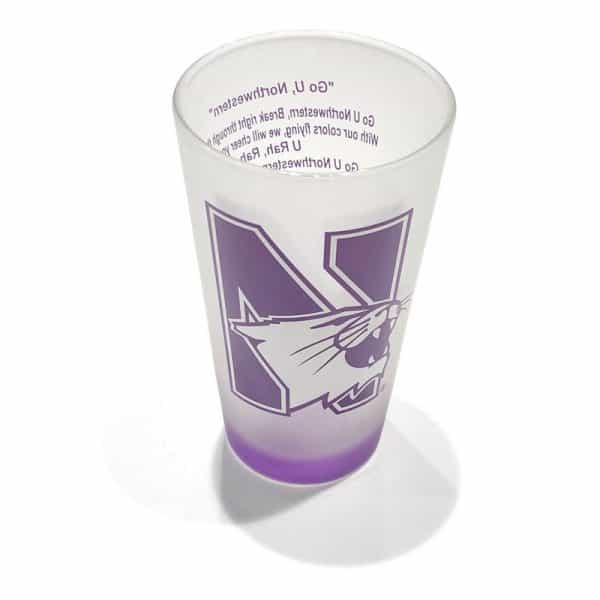 Northwestern Wildcats White Frosted Pint of Ale Glass with N-Cat Design on one Side & Fight Song on the Other Side