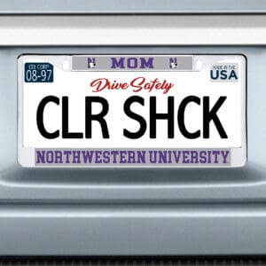 Northwestern University Wildcats Chrome License Plate Frame with Grey Laser Cut Insert MOM/NORTHWESTERN UNIVERSITY Design