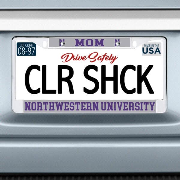 Northwestern University Wildcats Chrome License Plate Frame with Grey Laser Cut Insert MOM/NORTHWESTERN UNIVERSITY Design