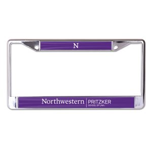 Northwestern University Wildcats Chrome License Plate Frame with Laser Cut Purple Insert & Pritzker School of Law Design