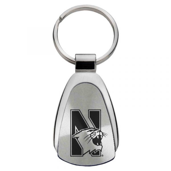 Northwestern University Wildcats Laser Engraved Silver Teardrop Key Chain with Mascot Design