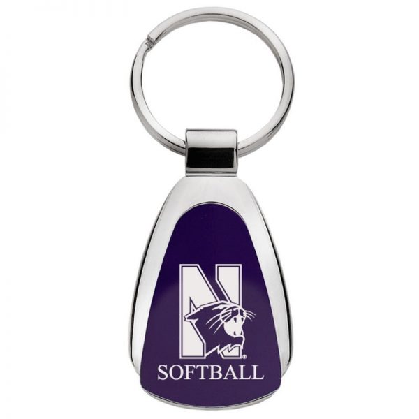 Northwestern University Wildcats Laser Engraved Purple Teardrop Key Chain with Mascot & Softball Design