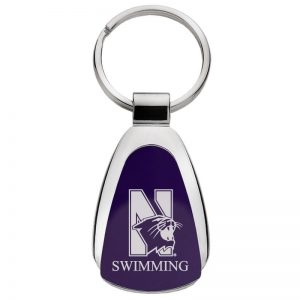 Northwestern University Wildcats Laser Engraved Purple Teardrop Key Chain with Mascot & Swimming Design