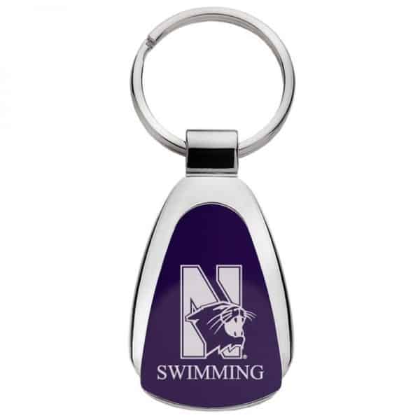 Northwestern University Wildcats Laser Engraved Purple Teardrop Key Chain with Mascot & Swimming Design